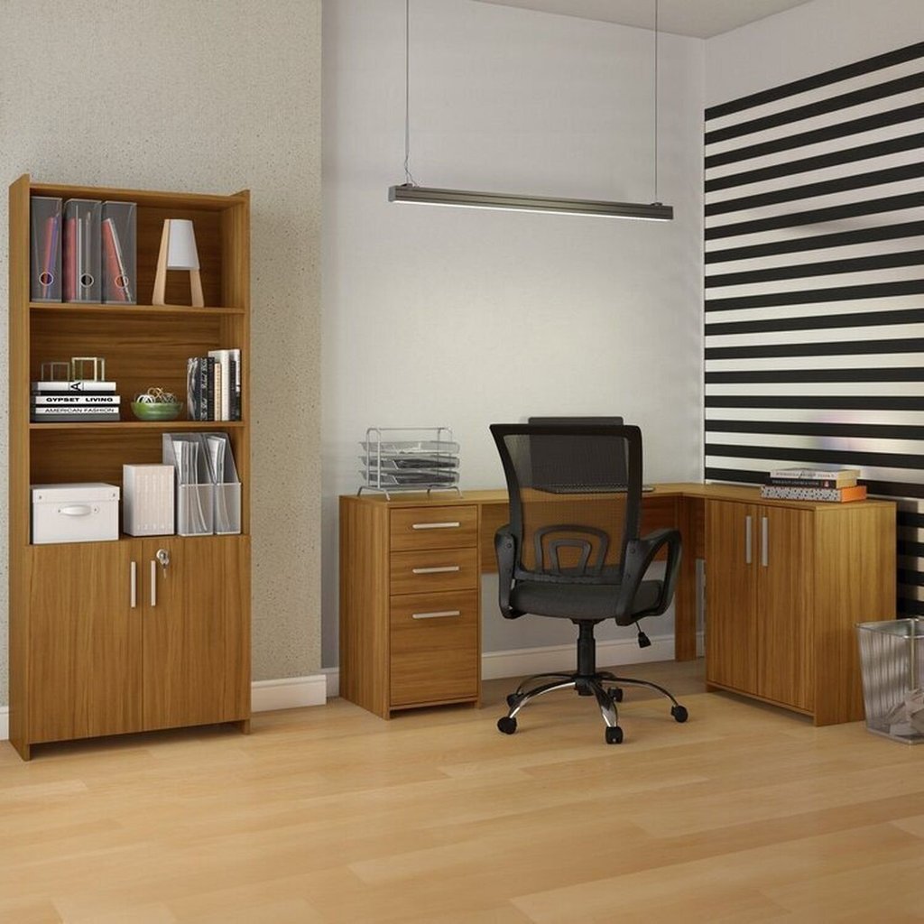 Conjunto 2 Peças com Mesa para Escritório em L e Armário Multiuso Alto Aberto Espresso Móveis Branco Freijó Freijó