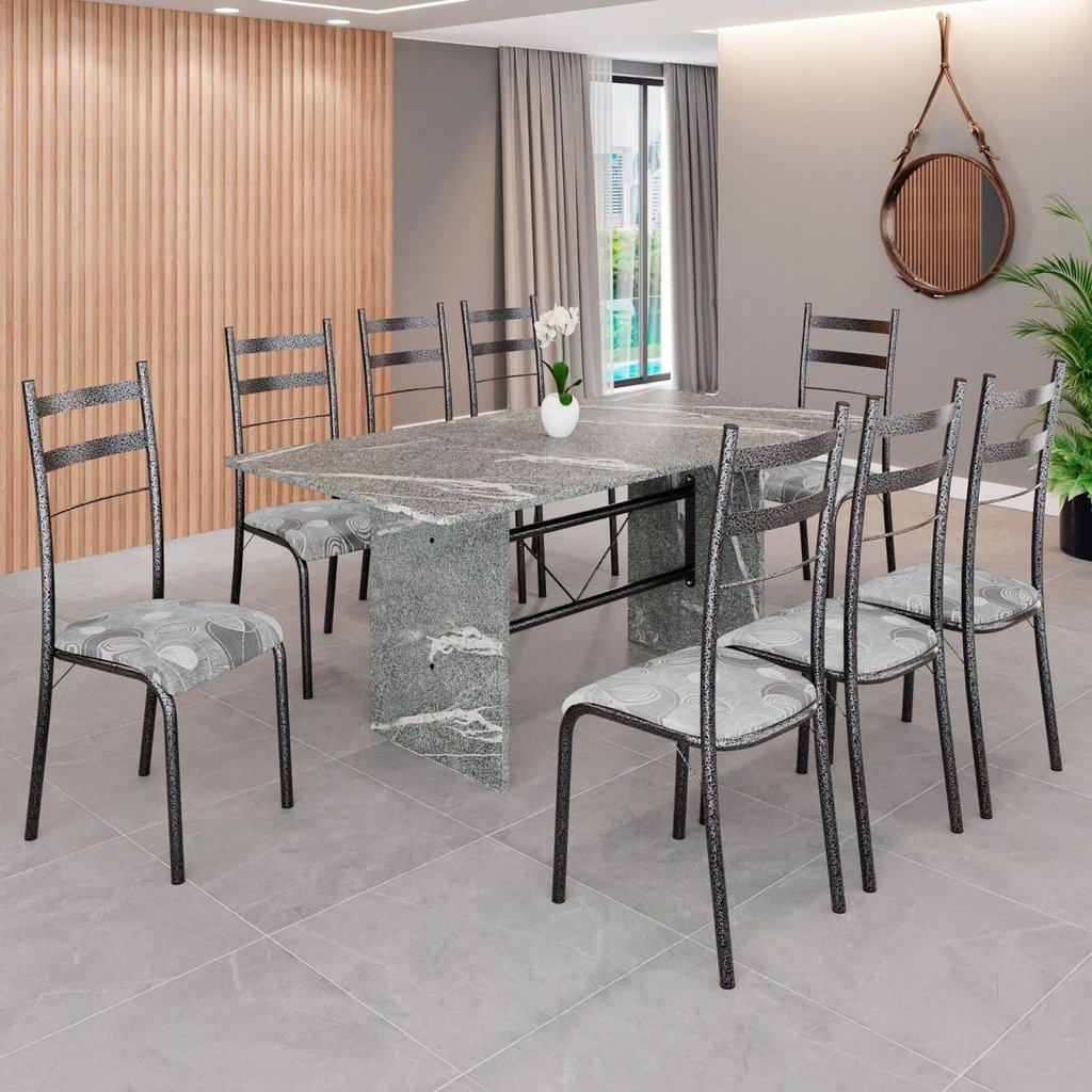 Conjunto Sala de Jantar Mesa Retangular 180x75cm Tampo Granito Topázio 8 Cadeiras Marselha Paraopeba/Mart Prata