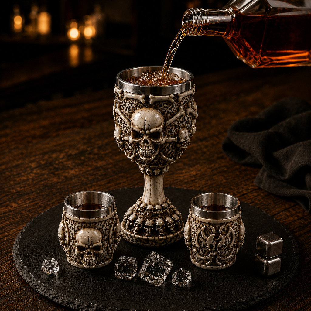 Kit Taça Cálice Caveira Inox Com 2 Shots Crânio Medieval Aço Inox e Resina