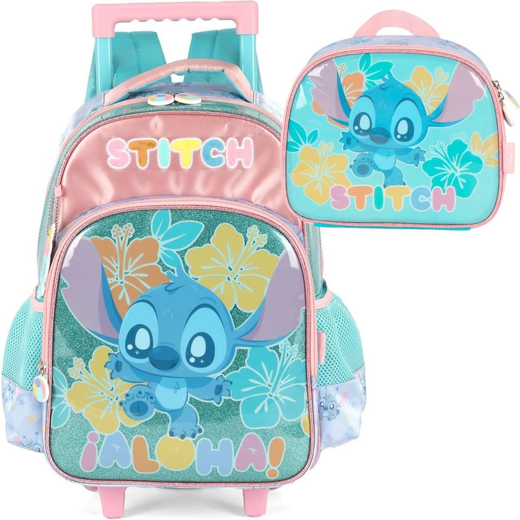 Kit Mochila Rodinhas Infantil Lancheira Escolar Stitch Scrump Disney Turquesa Luxcel