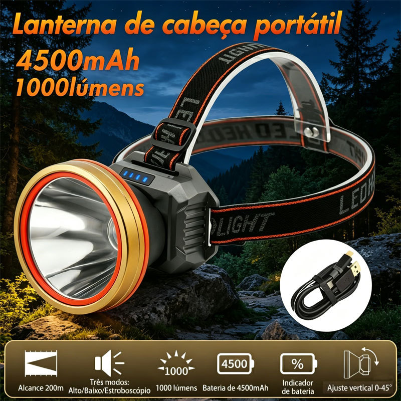 Lanterna LED Profissional Ultra Potente Prova D'água Recarregável Farol Portátil para Camping Pesca Emergência