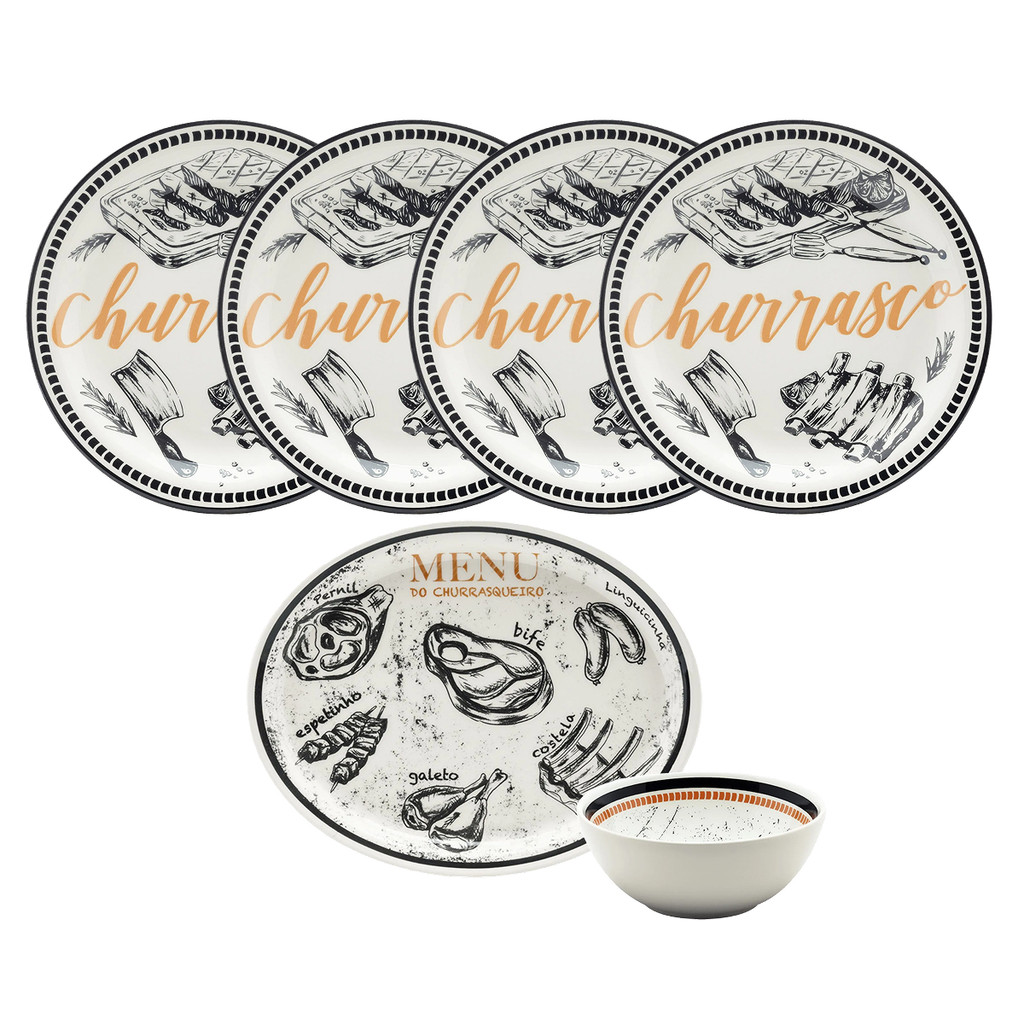 🛍️ Jogo de Churrasco Menu do Churrasqueiro 6 Peças Cerâmica Oxford Pratos e Travessa Personalizados