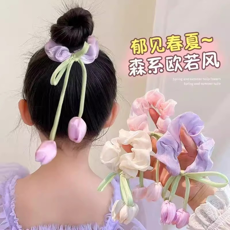 Meninas pai-filho primavera respiração Shimmer tulipa arco Scrunchy anel de cabelo doce estilo ocidental flor borla anel