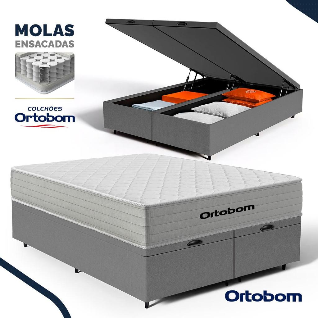 Cama Box Baú com Colchão de Molas Ensacadas Ortobom One Face Plenno Superpocket Queen 158cm