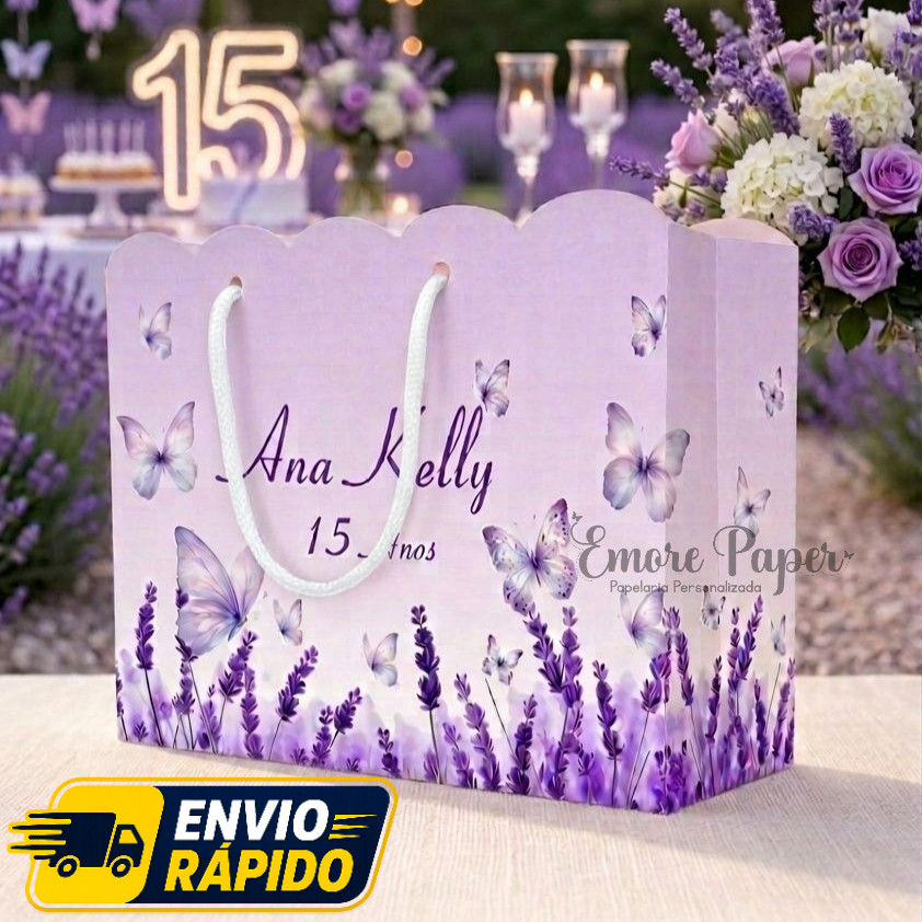 Jardim das Borboletas LILÁS Sacolinha Personalizada com Nome | Festa 15 Anos | Lembrancinha Festa Infantil 20x15x7cm