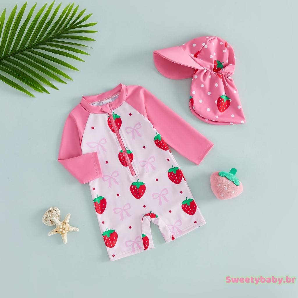 [CoRn] Conjunto De Maiô Infantil Feminino Morango Manga Comprida Com Proteção Contra Queimaduras E Chapéu De Sol