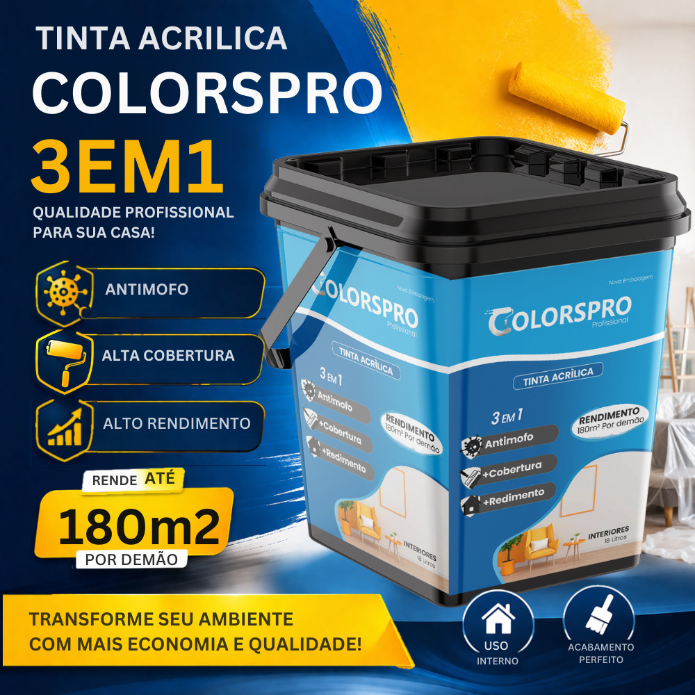 Tinta acrílica ColorsPro para parede18L 10L 3,6L | Sem cheiro e Anti-mofo Alta Cobertura