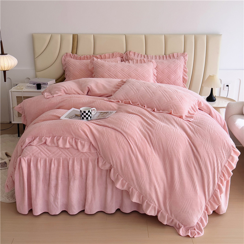 Inverno novo estilo engrossado em relevo leite veludo quatro peças conjunto cama saia estilo coreano princesa estilo Cor