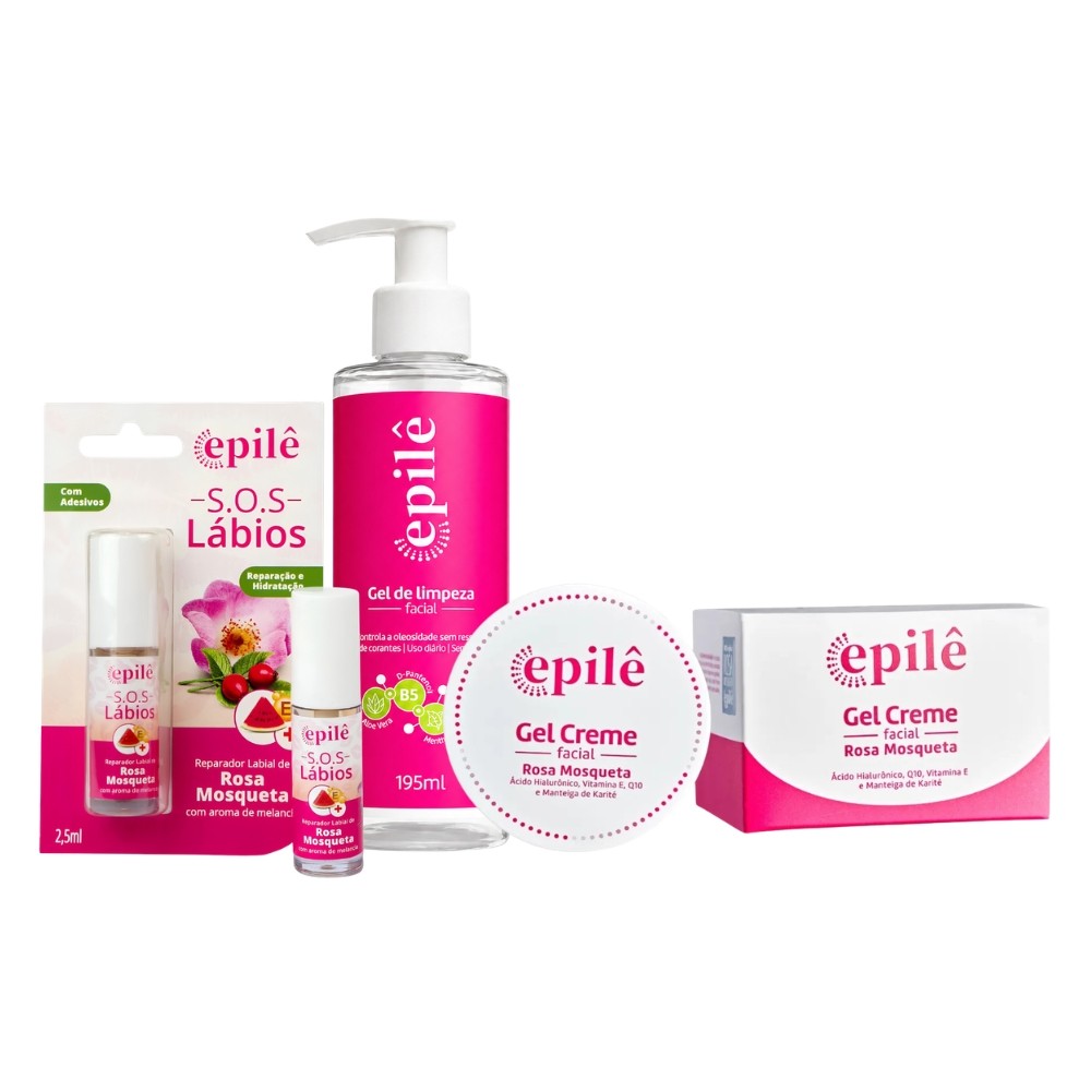Kit Gel de Limpeza, Gel Creme Facial e Reparador Labial Rosa Mosqueta Epilê