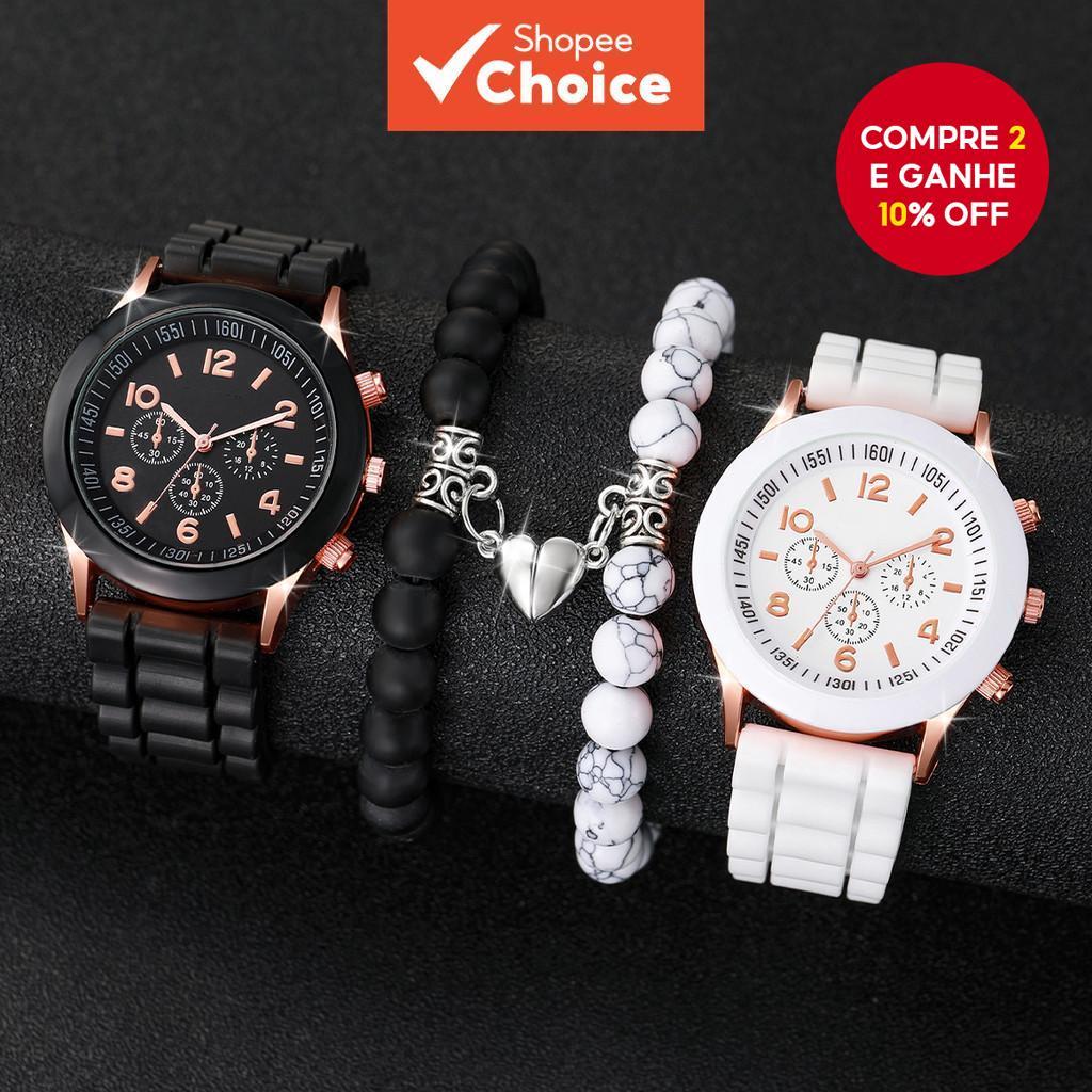Relógios Elegantes De Quartzo Com Pulseira De Silicone Para Ele E Ela + Magnética Contas De Coração em Oferta na Shopee