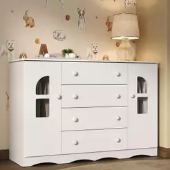 Cômoda Infantil para Bebê 125 cm 2 Portas com Vidro e 4 Gavetas Liz Multimóveis MP4516