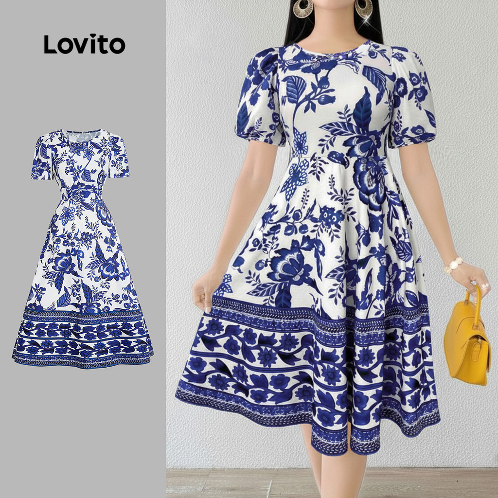 Lovito Vestido Boho com Zíper Primavera/verão Vestido Azul para Mulheres LBL31055 em Oferta na Shopee