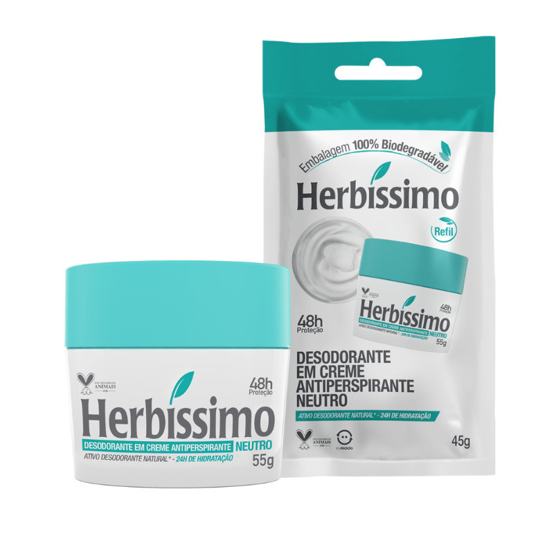 Kit 2 itens - Desodorante Creme Antitranspirante Herbíssimo |  Sachê Refil + Potinho | Neutro 45g em Oferta na Shopee