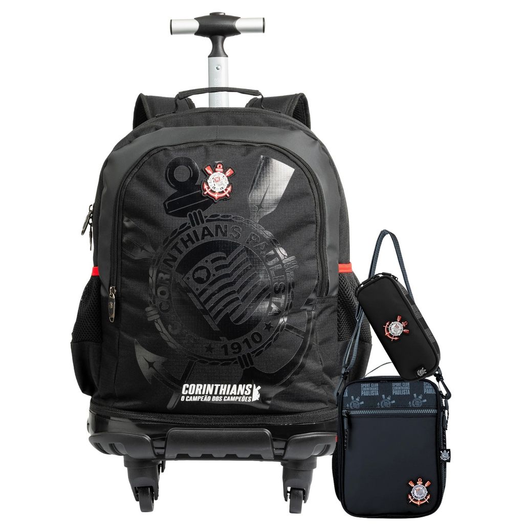 Kit Conjunto Escolar Juvenil Menino Futebol Time Corinthians Timão Mochila de Rodas + Lancheira + Estojo Duplo