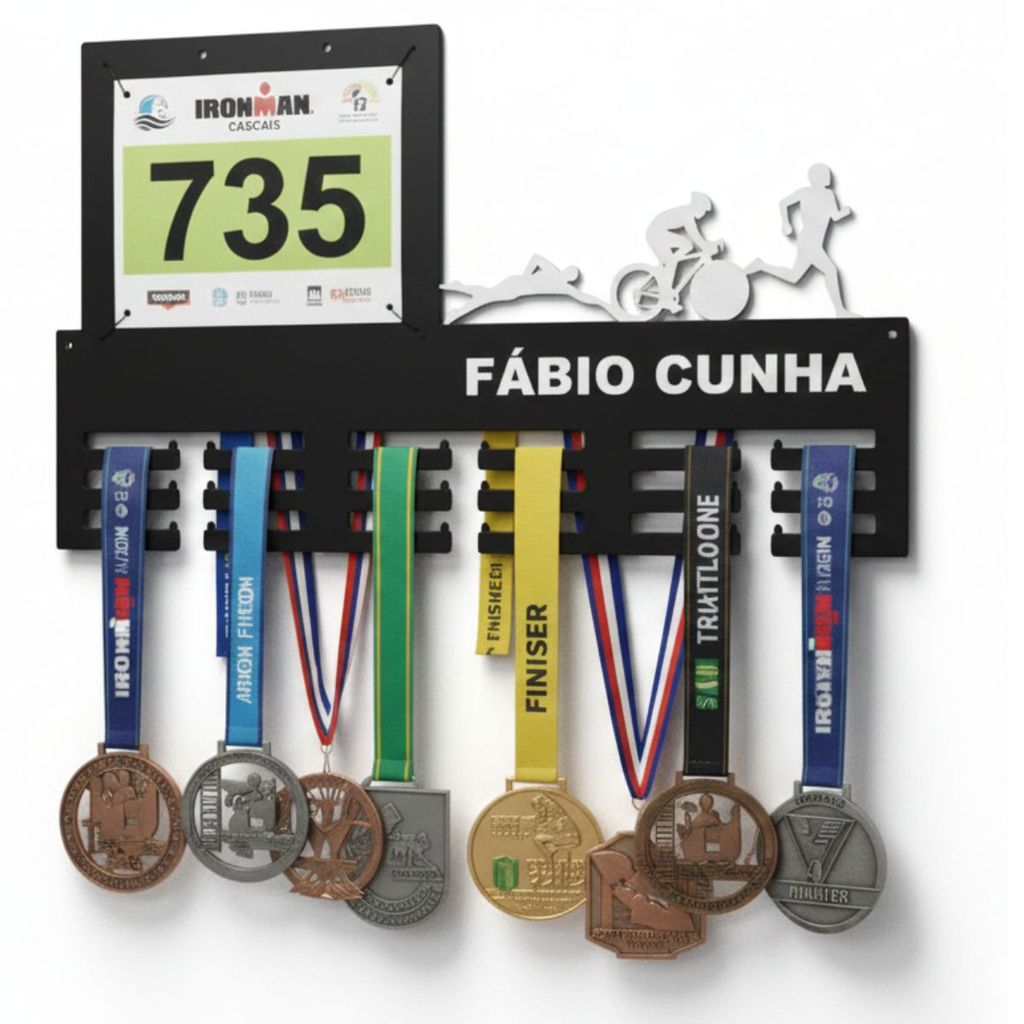 Suporte Porta Medalhas Triathlon 50x30cm - Natação Ciclismo Corrida - IRONMAN - Display Número Peito