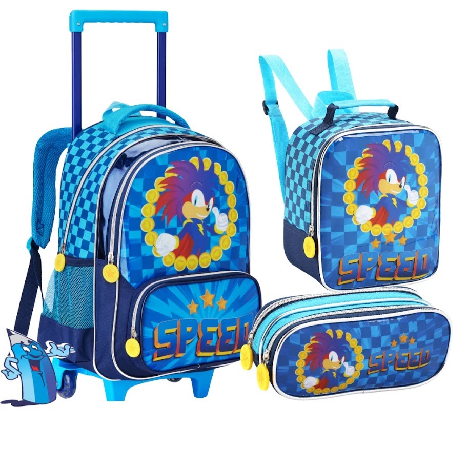 KIT MOCHILA DE RODINHA SONIC COM LANCHEIRA E ESTOJO DENLEX DL1529