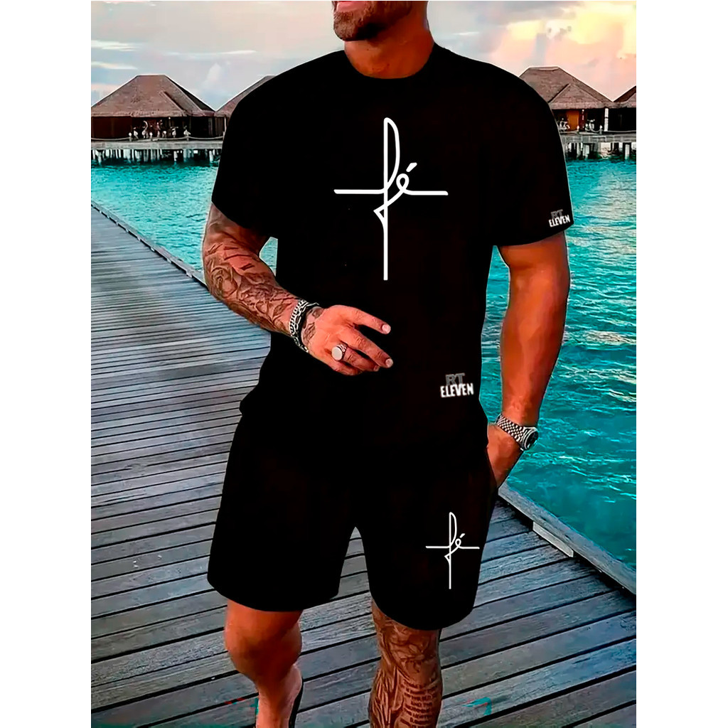 Kit Camiseta Masculina 100% Algodão + Bermuda Tectel Lançamento Estampada Fé gratidão Confortavel  Unissex