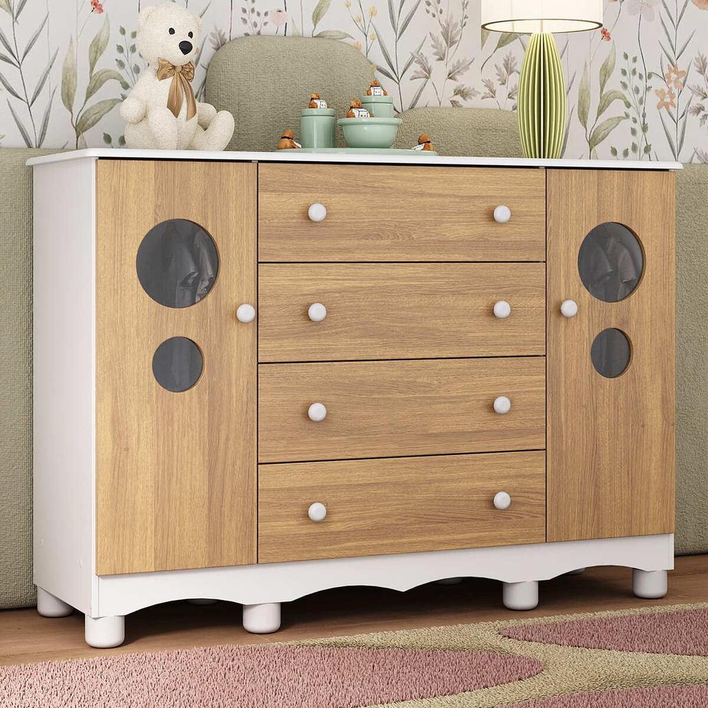Cômoda Infantil 125cm 2 Portas com Vidro e 4 Gavetas Suspiro Multimóveis MP4460