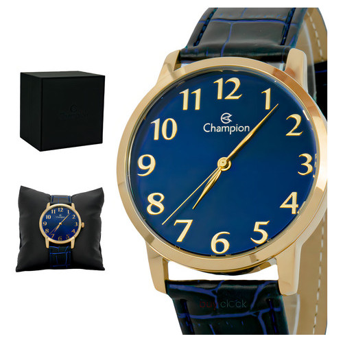 Relógio Masculino Dourado Champion Couro Azul Grande