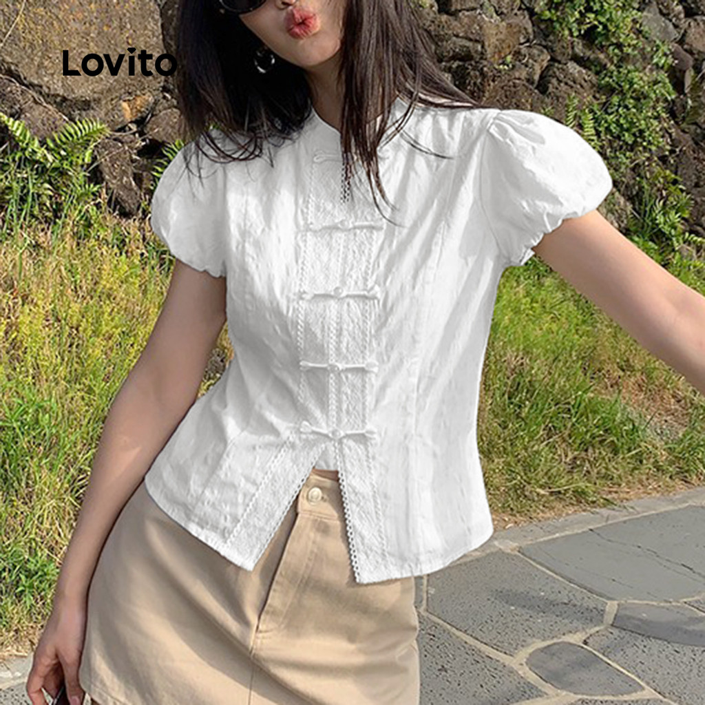 Detalhes do Lovito Blusa Elegante Botão Blusa Verão/Primavera Para Mulheres L125AD369