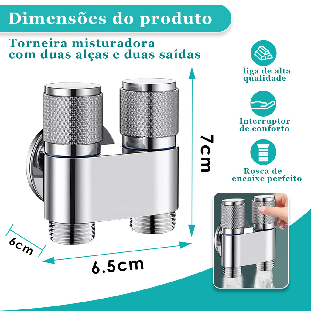 Válvula Dupla 1 Entrada 2 Saídas Cromada - Para Lavanderia, Banheiro e Cozinha