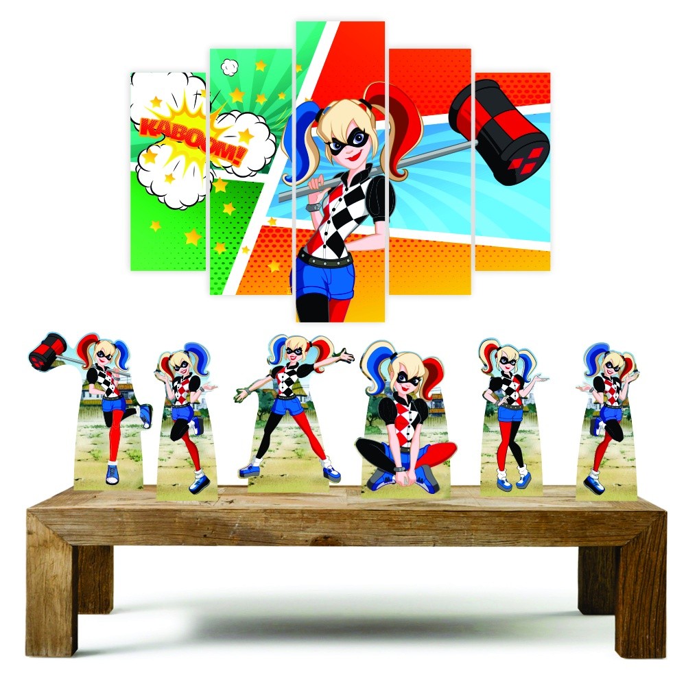 Arlequina Harley Quinn kit com 1 quadro mosaico + 6 totens em mdf  Kit Enfeites kit festa do