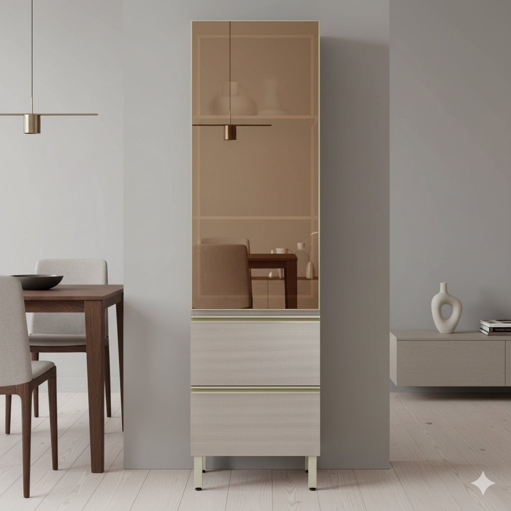 Cristaleira MDF 1 Porta Reflecta 2 Gavetas 60cm Proença Bege/Nogueira/Nude Prime