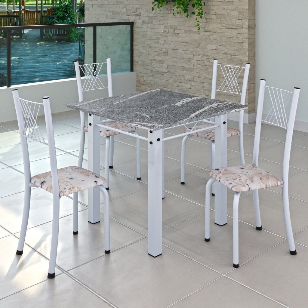 Conjunto de Jantar Mesa 70x70cm Tampo de Granito Topázio com 4 Cadeiras Sara Yescasa Branco/Botanic Bege Botanic