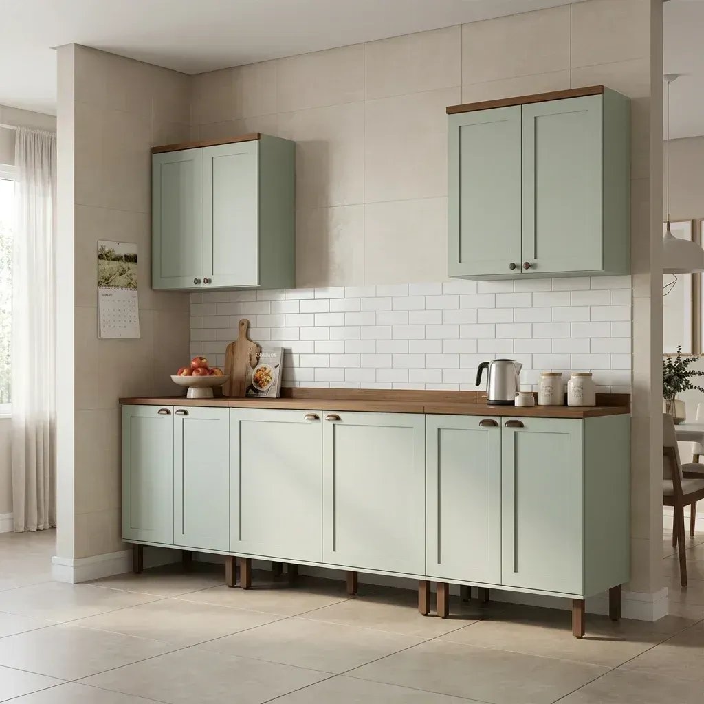Cozinha Completa Modulada 5 Peças 100% MDF 2 Armários Aéreos e 3 Balcões com Tampo Iluminata Verde Mint e Ébano