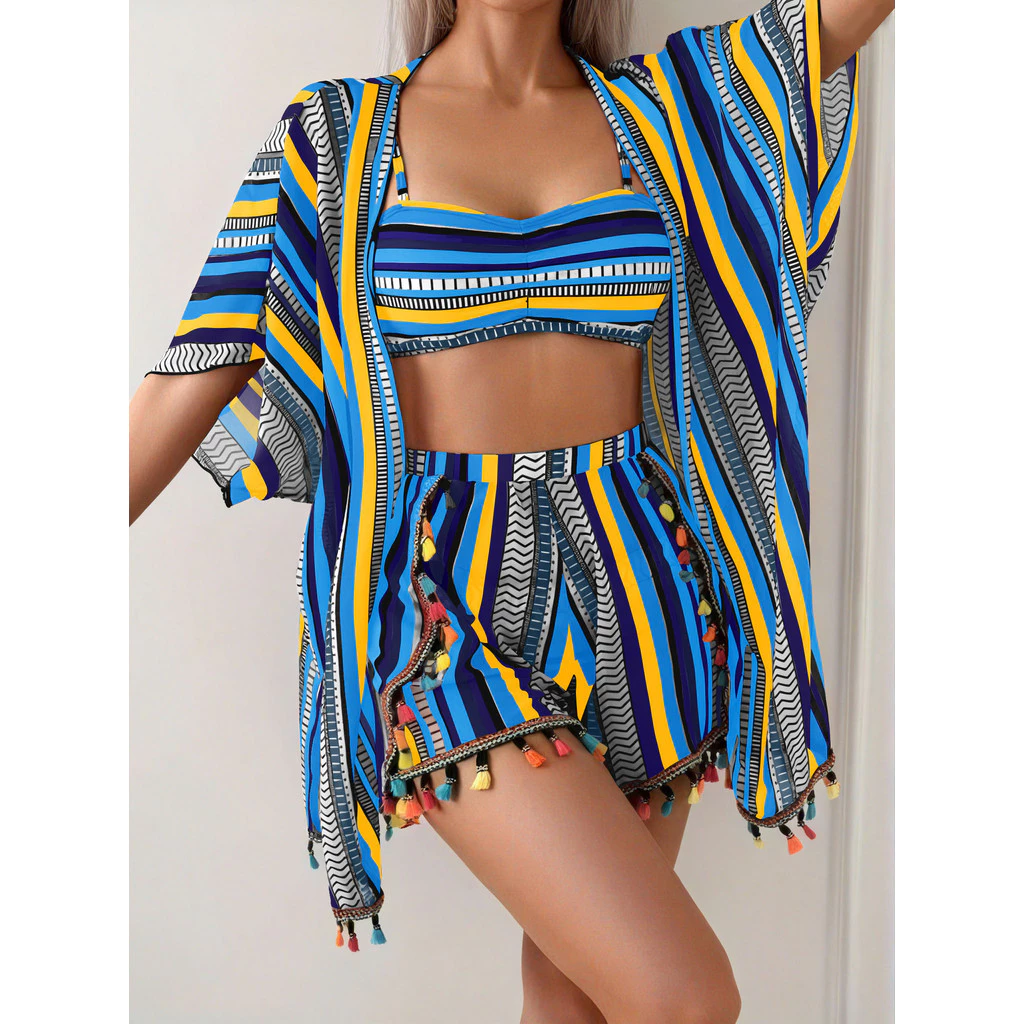 Conjunto de biquíni de quatro peças com blusa protetora solar e franjas, estilo europeu-americano e do Oriente Médio 03T — imagem 1