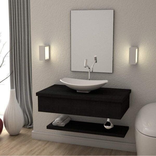 Bancada para Banheiro 80cm com Cuba Canoa L45 e Prateleira 805W Metrópole Preto/Onix Preto Onix