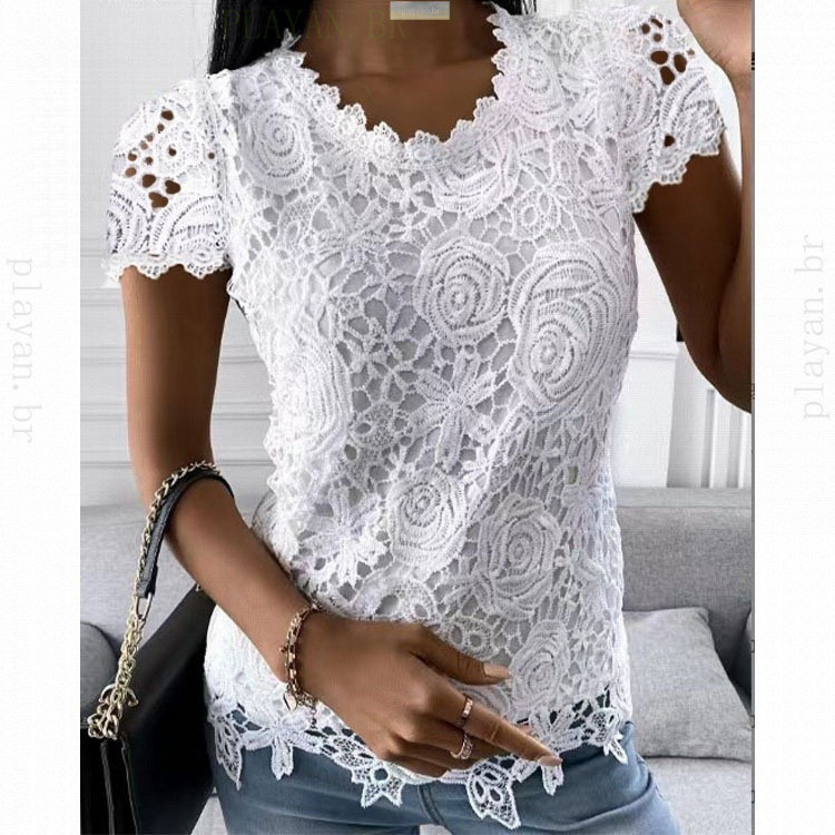 Blusas Elegantes de Renda para o Verão, Camisa Casual de Manga Curta, Decote Redondo, Tops Brancos, Tamanhos Grandes HRM
