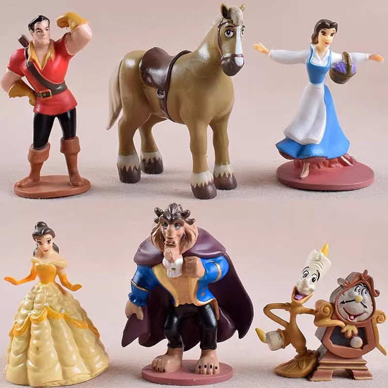 Conjunto de 6 peças de 7-10 cm com personagens do filme animado "A Bela e a Fera": Bela, Princesa, Gaston, despertador,