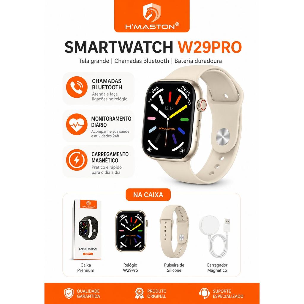 Smartwatch W29Pro HMASTON com Chamadas no Pulso, Monitoramento de Saúde, Modos Esportivos e Android/iPhone