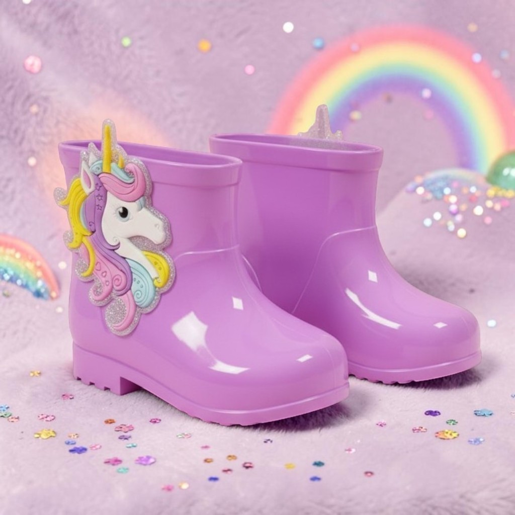 Galocha Bota Infantil Feminina Criança Confortável Impermeável Chuva Cano Baixo Estilosa Bota Unicórnio Colorida