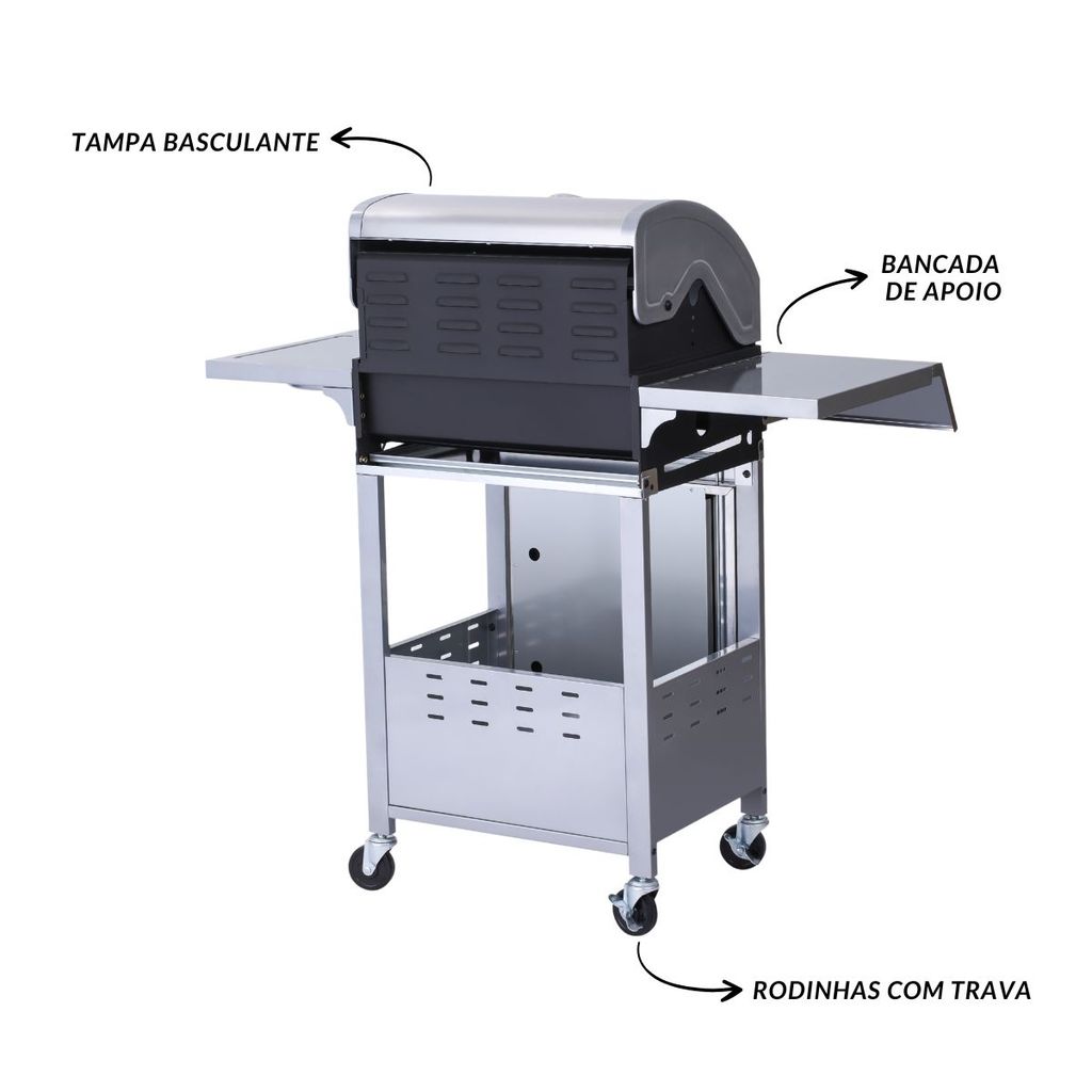 Churrasqueira a Gás 4 Queimadores 3 Centrais 1 Lateral Inox 37150 BTU GLP