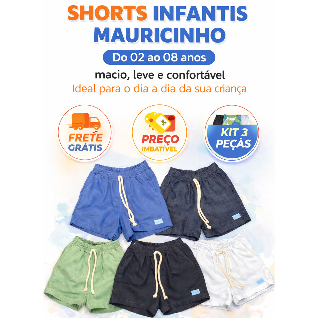 kit com 3 shorts mauricinho infantil menino estiloso sortido de 02 04 06 08 anos