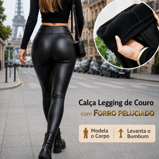 Calça Legging Couro Sintético Peluciada Cintura Alta Modeladora Inverno Feminina