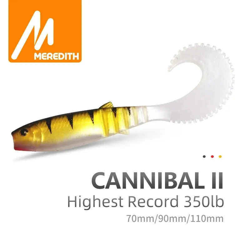 MEREDITH Cannibal Curved Tail 70mm 90mm Iscas de Pesca Artificiais Wobblers Iscas Macias Silicone Shad Worm Bass Leurre