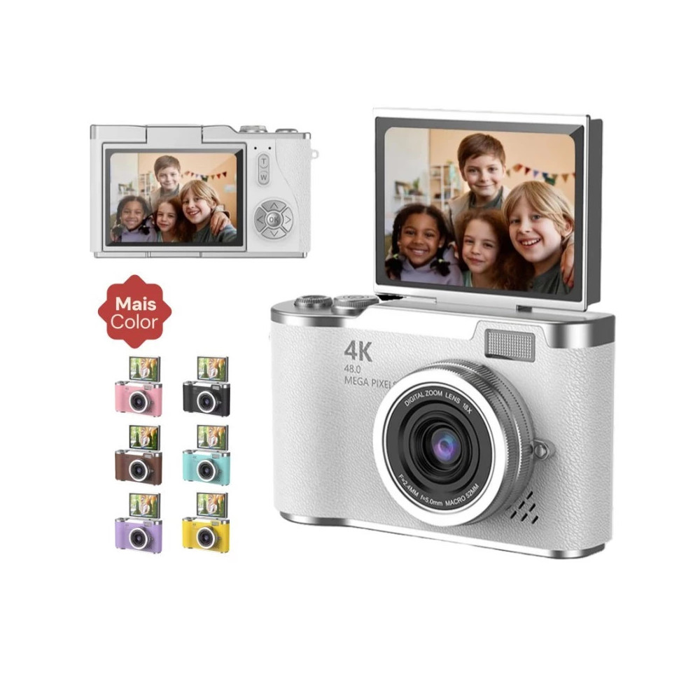 Câmera Digital CCD 2025 NOVA 48MP com Tela Flip 4K 8X Zoom | Presente Estudante Portátil Selfie Vlog