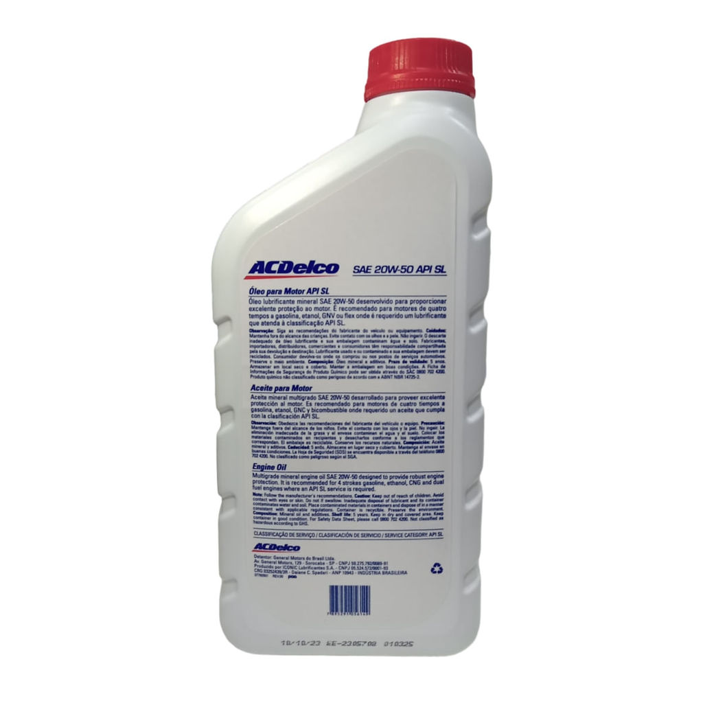 Detalhes do Óleo Lubrificante do Motor ACDelco SAE 20W50 API SL Mineral 1L