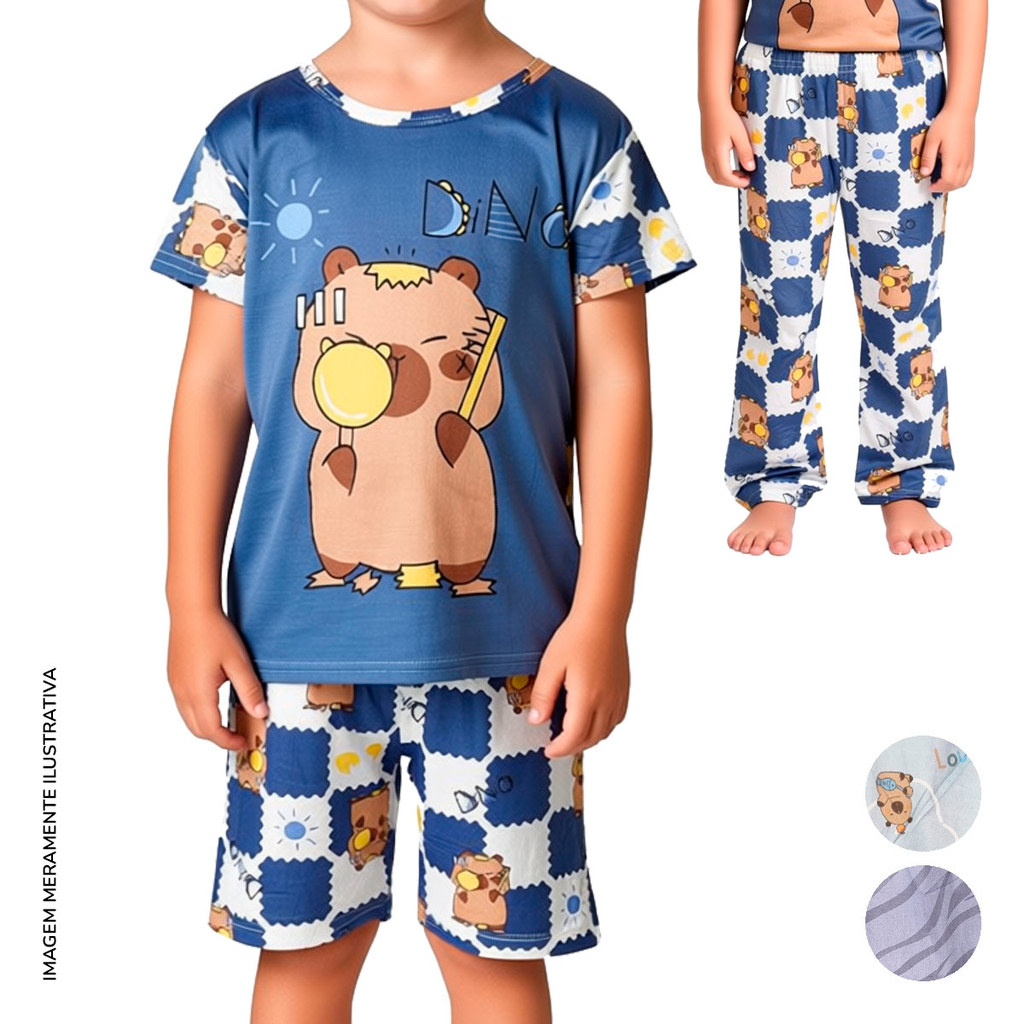 Conjunto pijama infantil menino estampado 3 peças capivara fofo