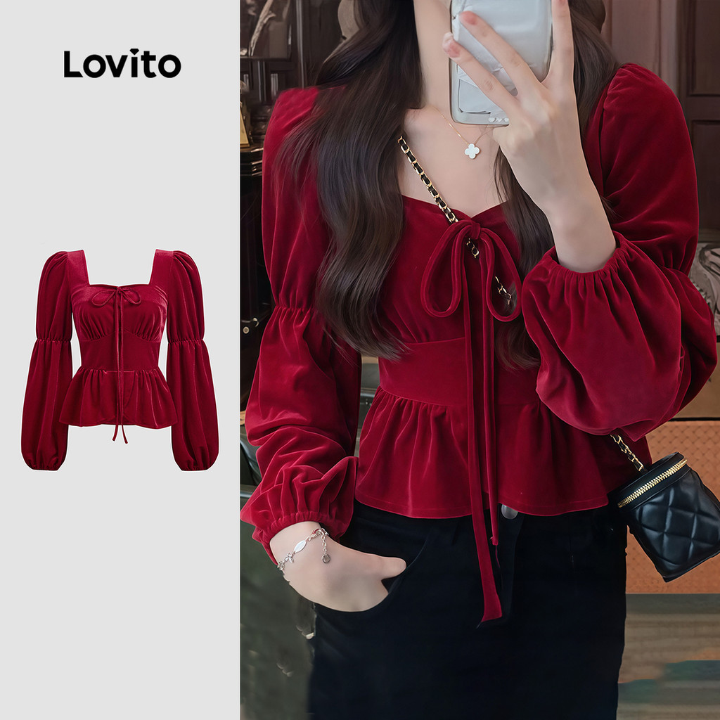 Lovito Blusa Casual De Festa Com Laço E Amarração Diário Viagens Vermelha Outono/inverno para Mulheres L159AD179 em Oferta na Shopee