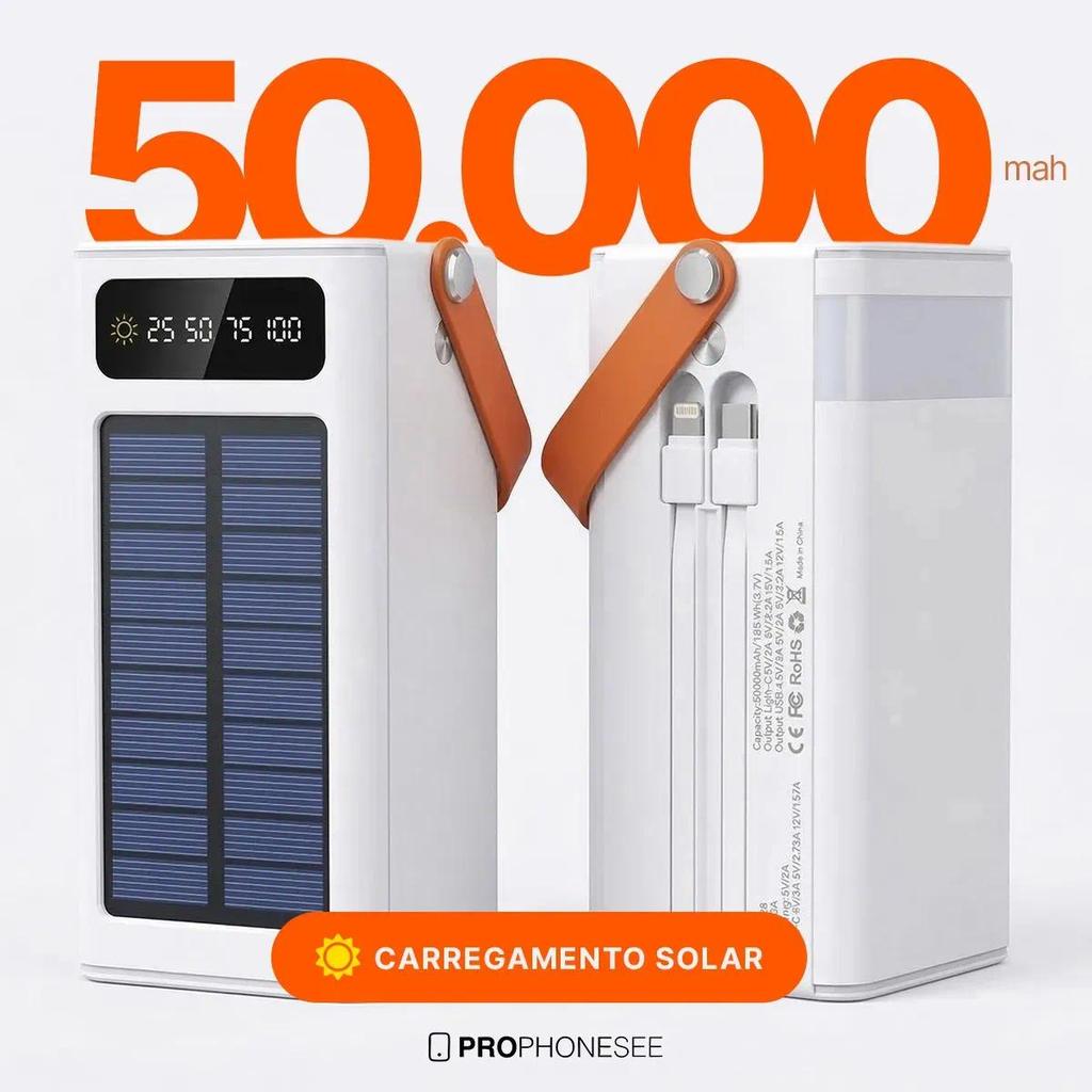 Power Bank Solar 50000mAh Carregador Portátil 4 Saídas USB Lanterna LED Visor Digital