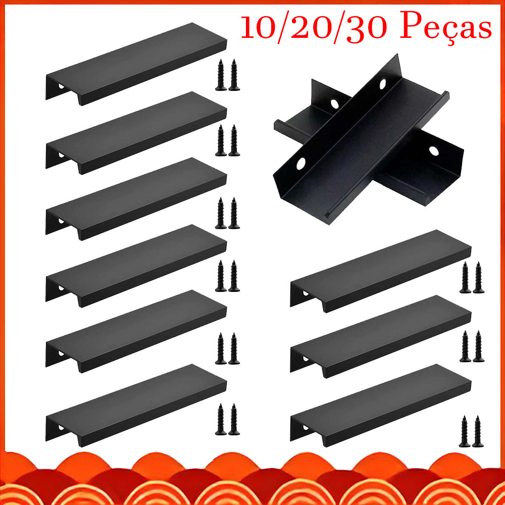 15 x 3 cm, 10/20/30 Peças Puxador de dedo de alumínio Puxador de porta deslizante DIY Armários Gavetas Armário, Preto