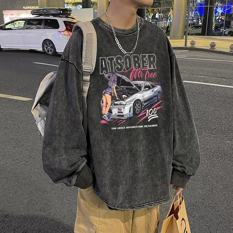 Camiseta de manga comprida masculina americana Retro High Street 2024 novo estilo puro algodão roupas pesadas primavera 