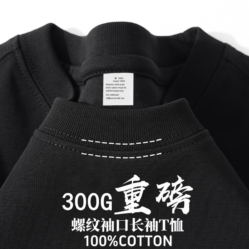 300g pesado masculino feminino camiseta de manga comprida primavera outono meninos Xinjiang penteado algodão puro pesado