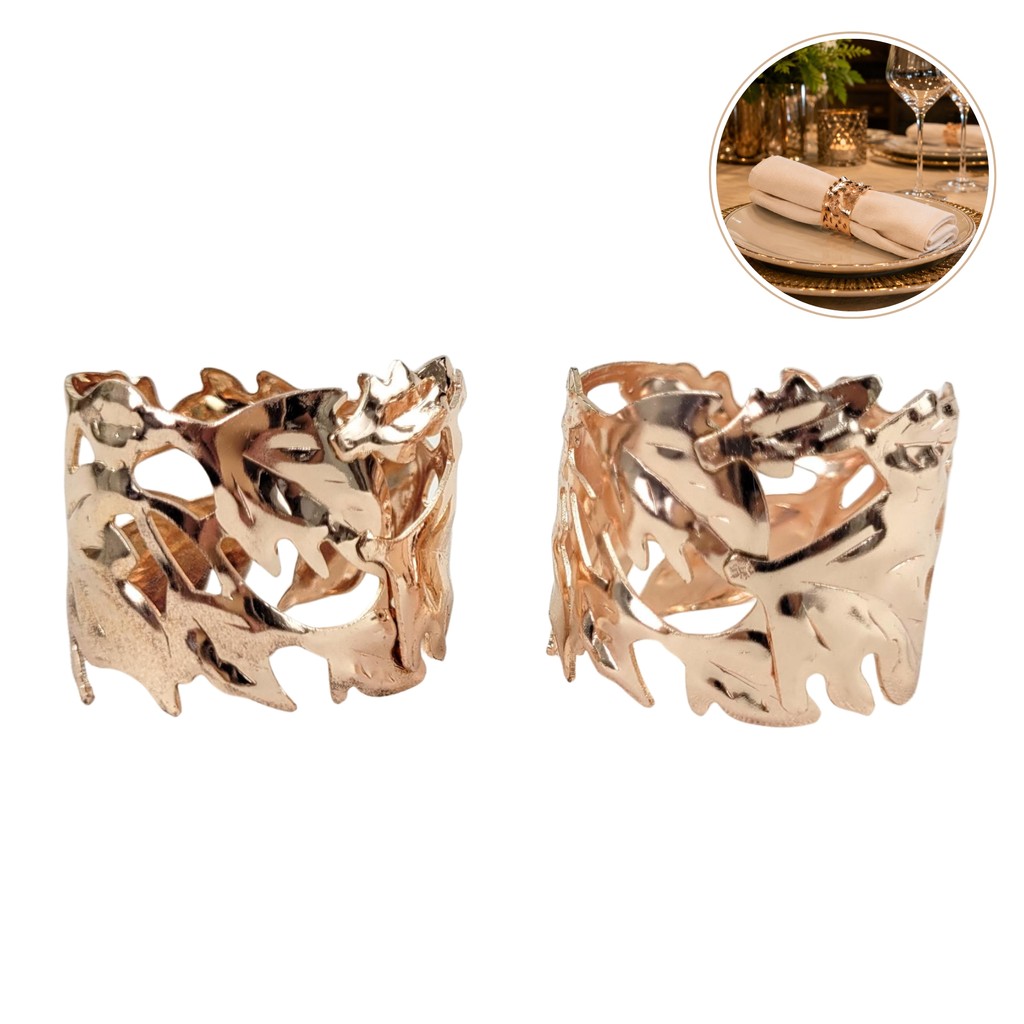 Anel Porta Guardanapo Cobre Rose Gold Folhas 4cm Kit 2pc