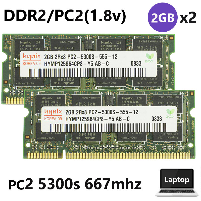 2GB/4GB (2 Peças 2GB) PC2 5300s PC2 6400s DDR2 667mhz 800mhz 200Pin SODIMM RAM Hynix Para Notebook De Memória Portátil