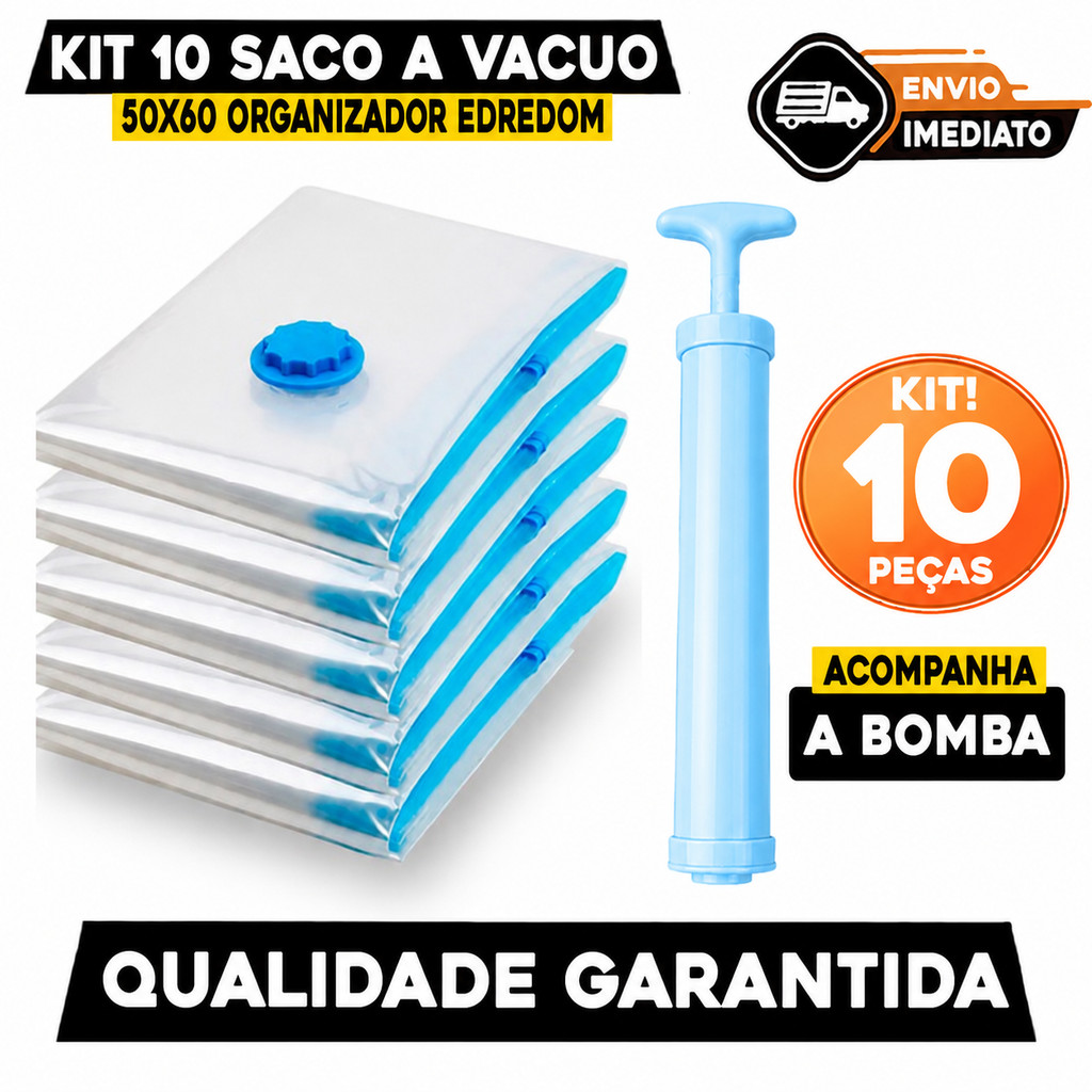 Kit 10 Saco A Vacuo 50x60 Organizador Edredom Cobertor Com Bomba Viagem Mala Guarda Roupa
